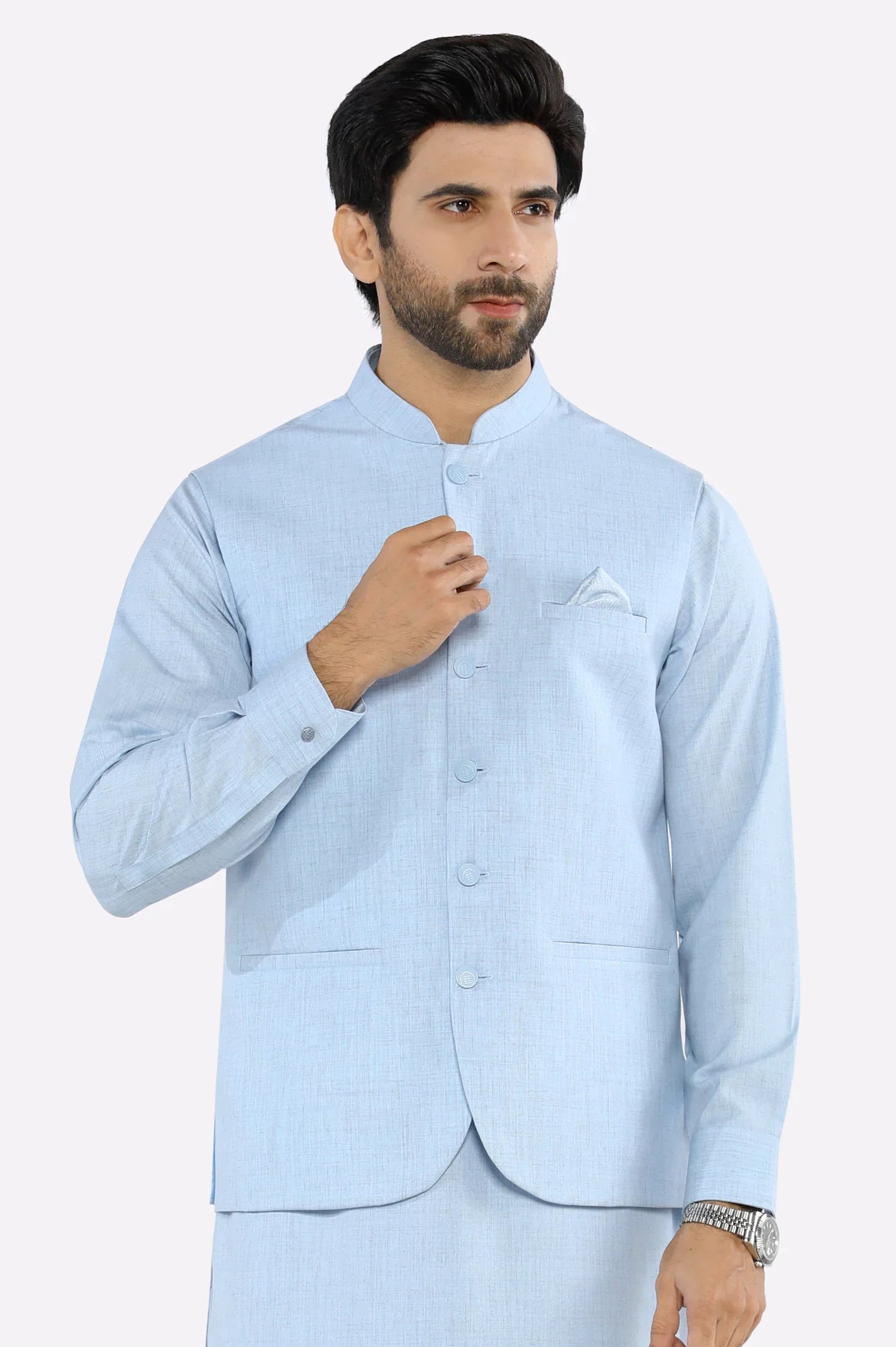 Sky Blue Shalwar Kameez with Waistcoat
