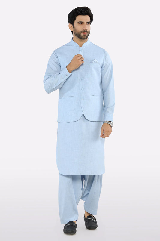Sky Blue Shalwar Kameez with Waistcoat