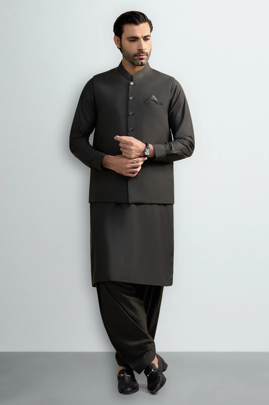 Coffee Brown Shalwar Kameez with Waistcoat