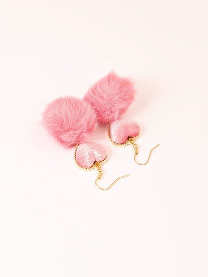 Heart Pompom Drop Earrings